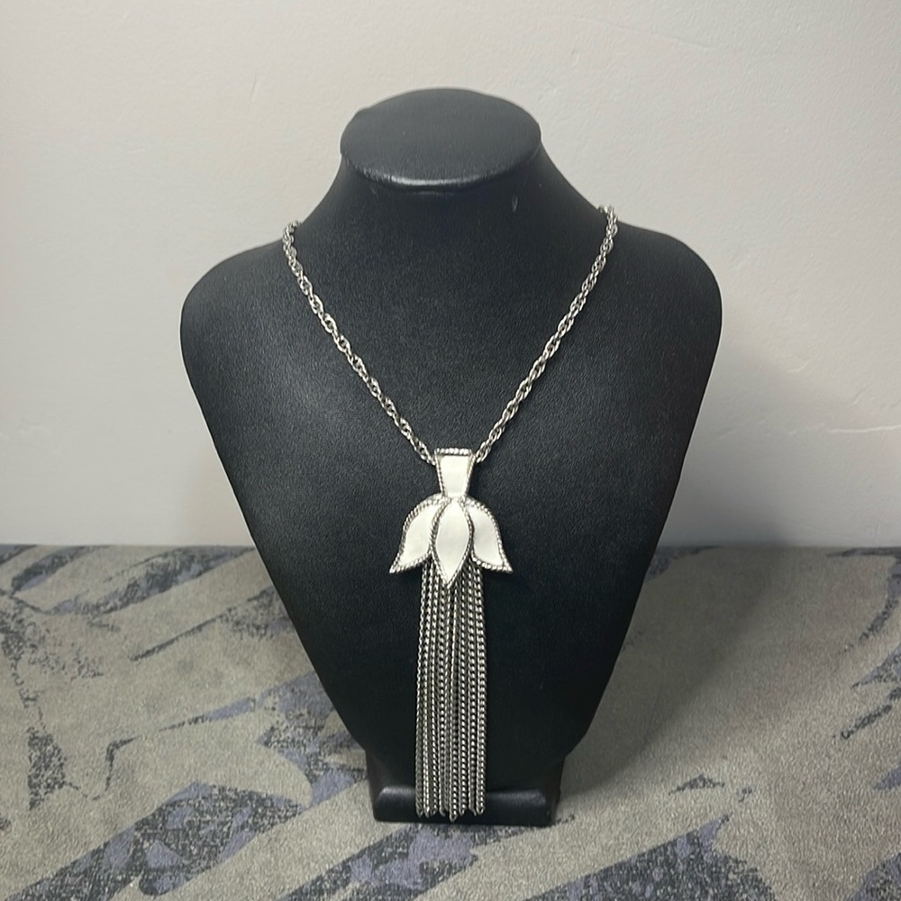 Tulip Necklace LJM, White Enamel With Silver Tone Chain And Dangle Chains